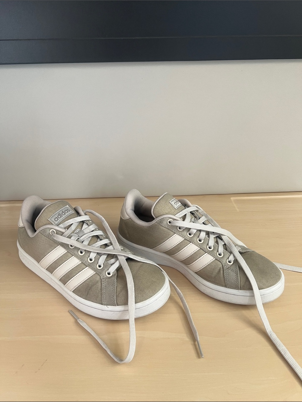 adidas Women's Taupe Sneakers with White Stripes, Size 8.5